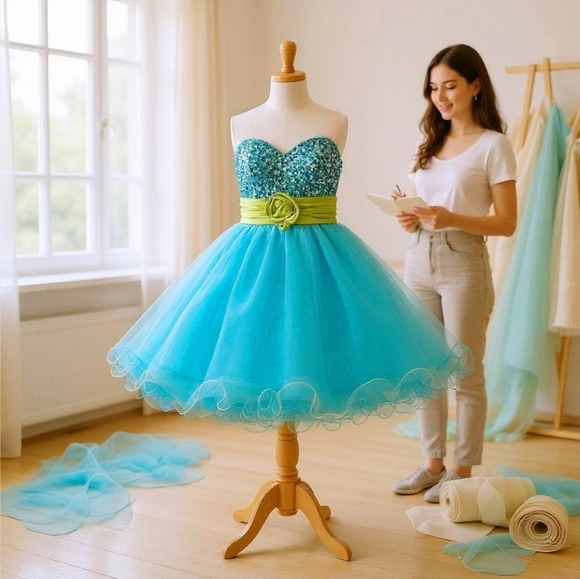 B Darlin ✦ Blue Strapless Party Dress ✦ Sequin Bodice + Tulle Flare ✦ XS EUC - Picture 1 of 17